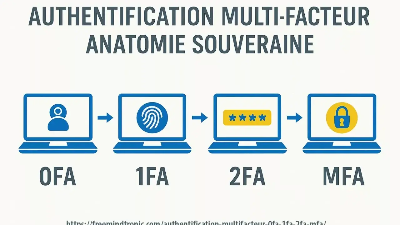 Illustration montrant l'évolution de l'authentification : d'un facteur (OF A) à l'authentification multi-facteur (MFA) via empreinte digitale et mot de passe.