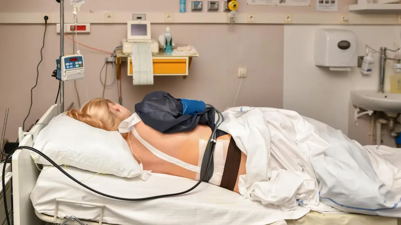 Pacjentka w łóżku szpitalnym, podłączona do aparatury. Znieczulenie w kręgosłup skutki uboczne mogą być różne, ale tu skupiamy się na monitorowaniu.