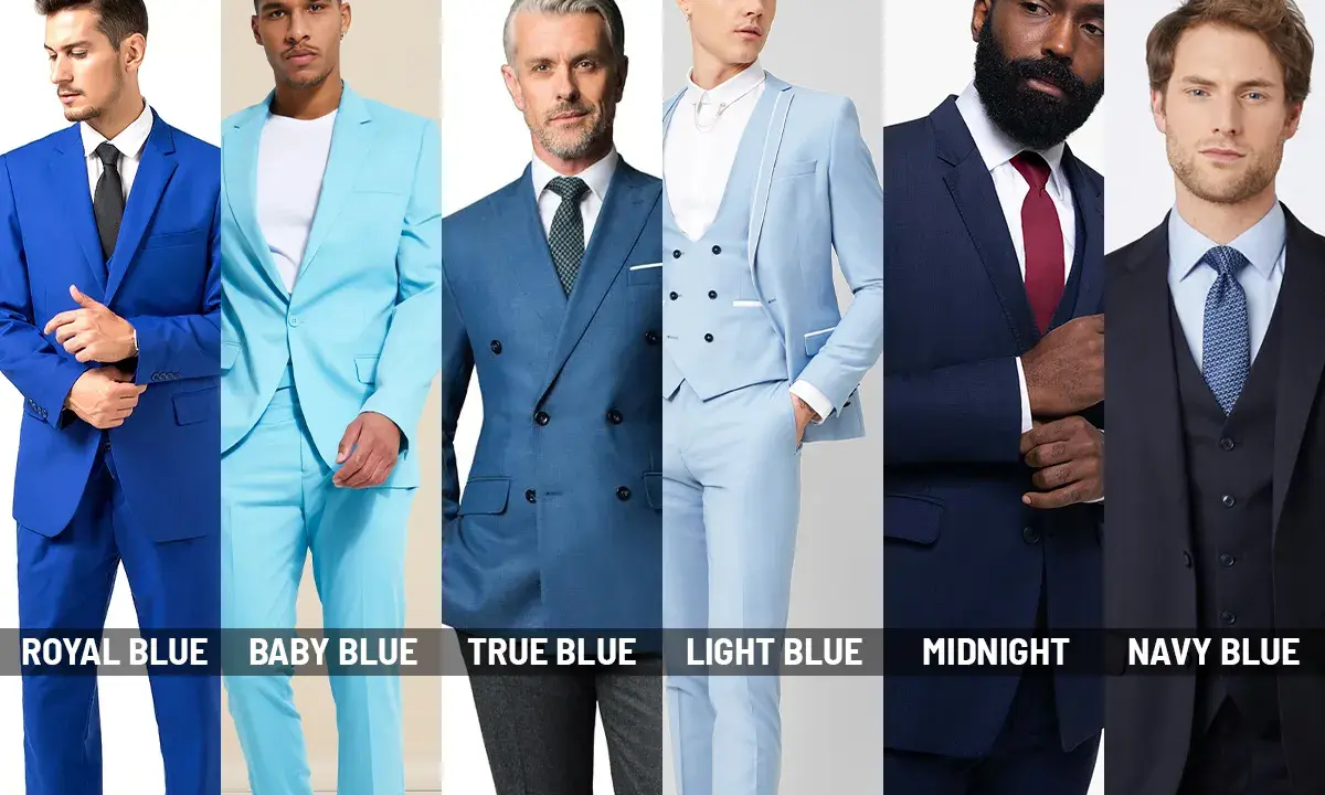 Six men model suits in various shades of blue, from royal blue vs navy blue, showcasing different styles and tones.