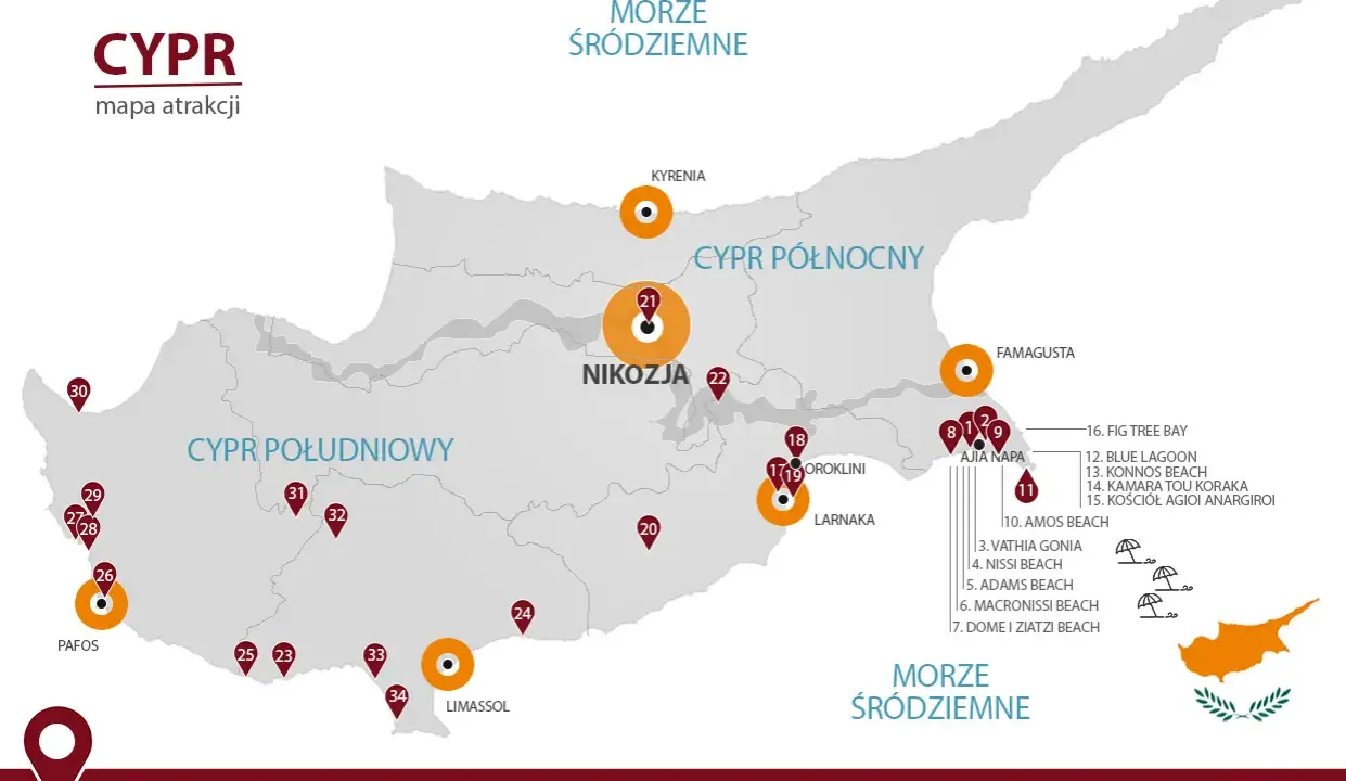 Mapa atrakcji Cypru, ukazująca jego geografię z zaznaczonymi miastami jak Nikozja, Pafos, Limassol i kurortami nad Morzem Śródziemnym.