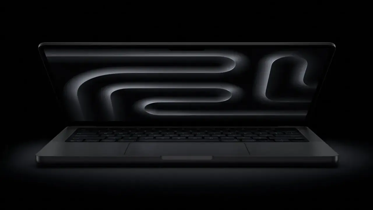 MacBook Pro z polskim układem klawiatury, ciemny ekran z abstrakcyjnym wzorem.