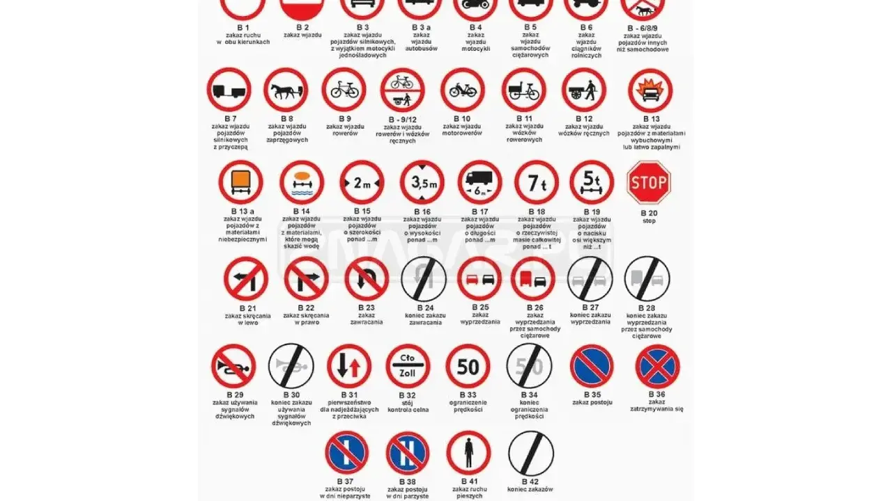 Znaki drogowe zakazu: zakaz ruchu, wjazdu, skręcania, zawracania, wyprzedzania, postoju, zatrzymywania się.