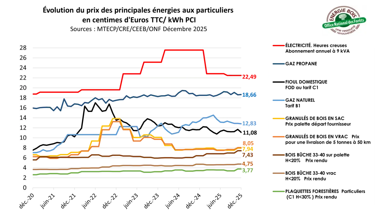 Graphique montrant l'évolution des prix des énergies en kwh. Plusieurs courbes colorées illustrent les variations, avec des valeurs allant de 3,77 à 22,49.