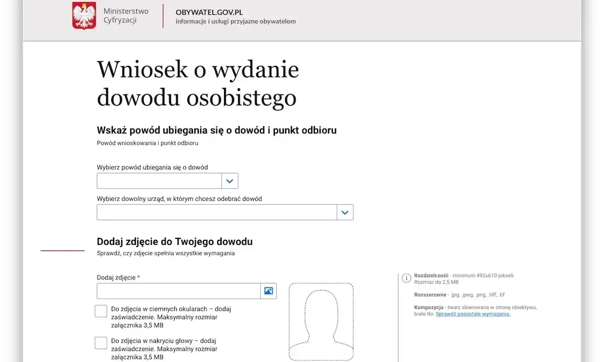 Formularz wniosku o wydanie dowodu osobistego z polami do wyboru powodu, urzędu i dodania zdjęcia.