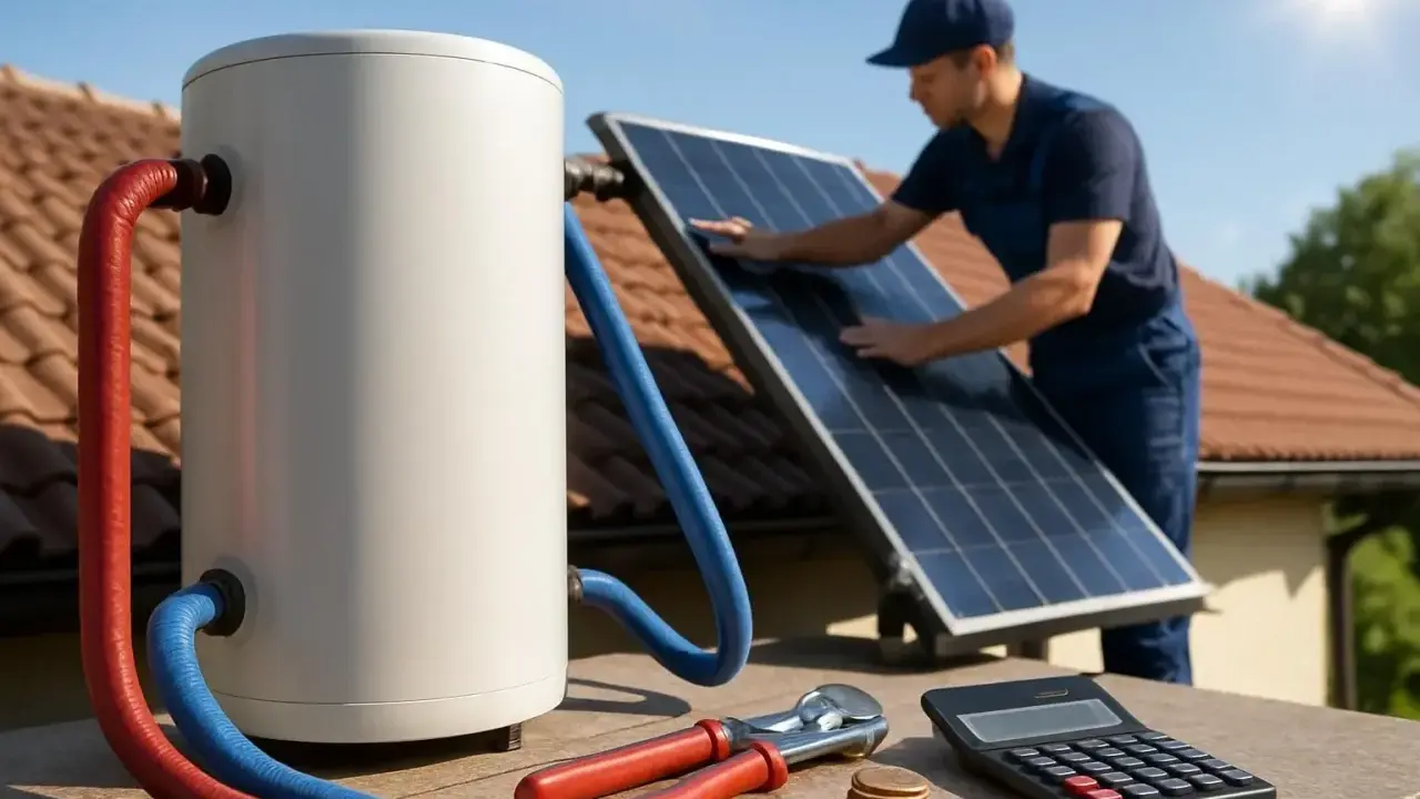 Installation d'un chauffe-eau solaire. Un technicien ajuste un panneau solaire, symbolisant le rendement et les économies. Outils et calculatrice à proximité.