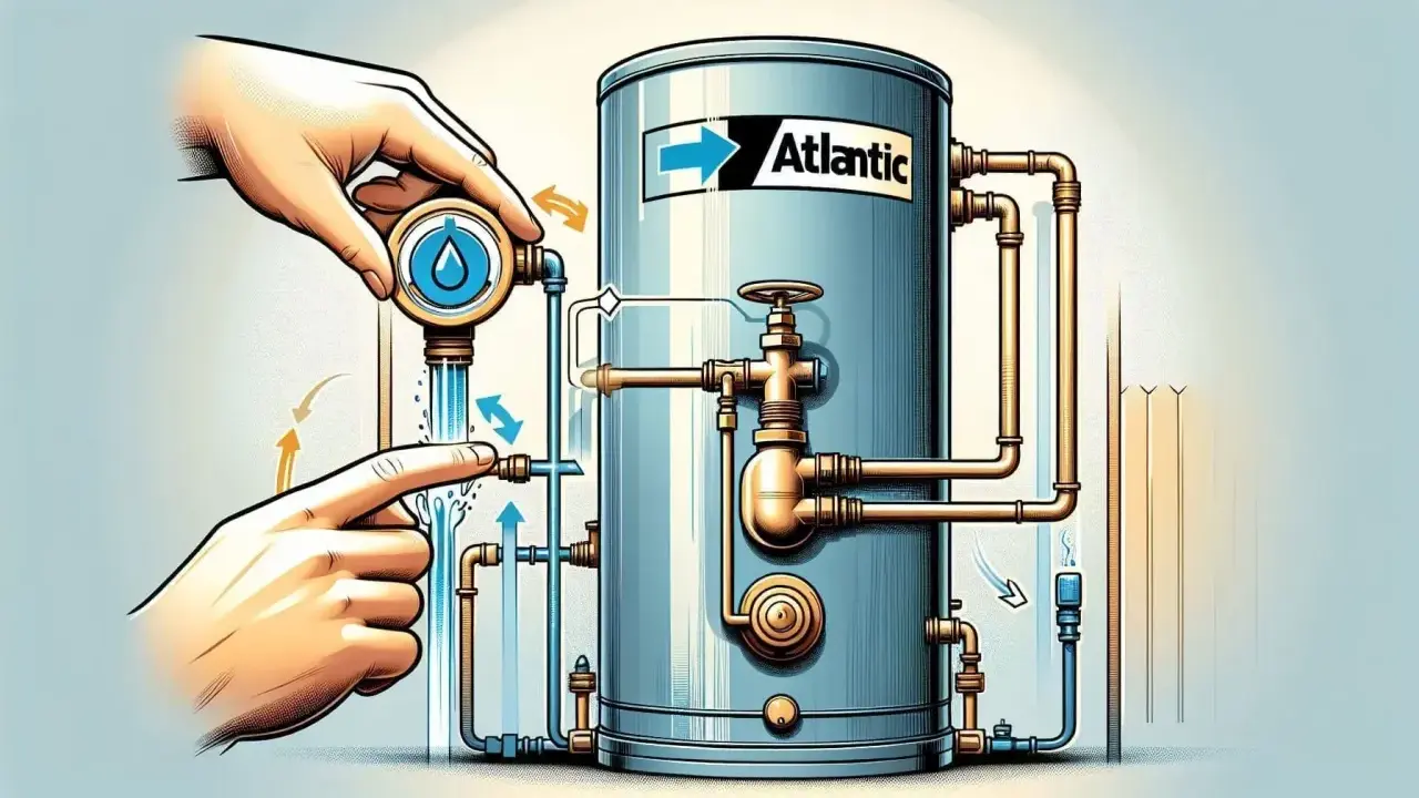 Main d'homme manipulant une vanne pour fermer l'arrivée d'eau froide d'un chauffe-eau Atlantic.