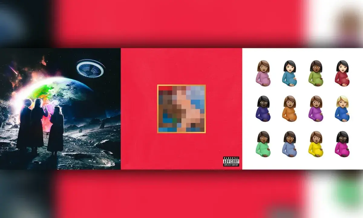 Okładki albumów z kosmiczną sceną, czerwoną z pikselami i ciążowymi emoji. Idealne do słuchania rap bez przekleństw.