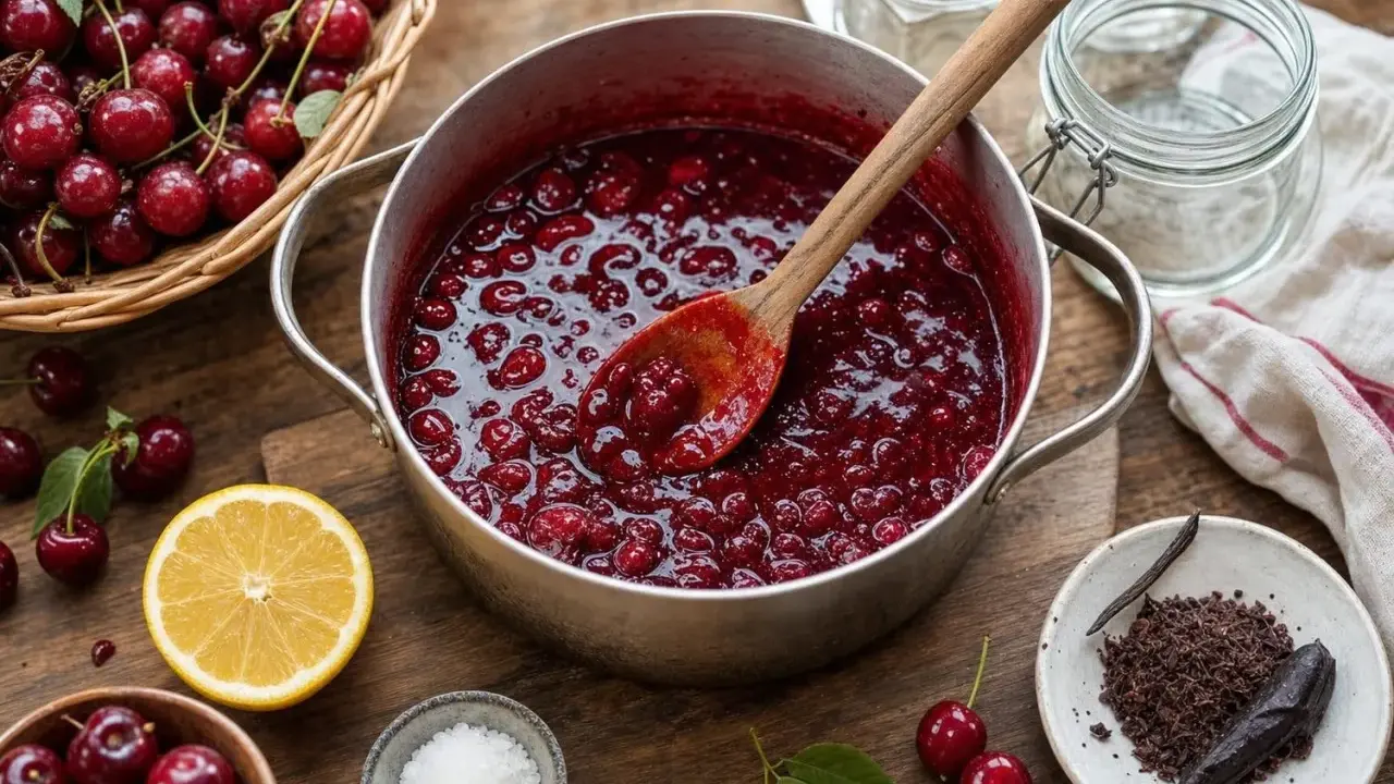 Une marmite déborde de confiture de cerises maison, prête à être mise en pot. Des cerises fraîches, du citron et du chocolat râpé complètent la scène.