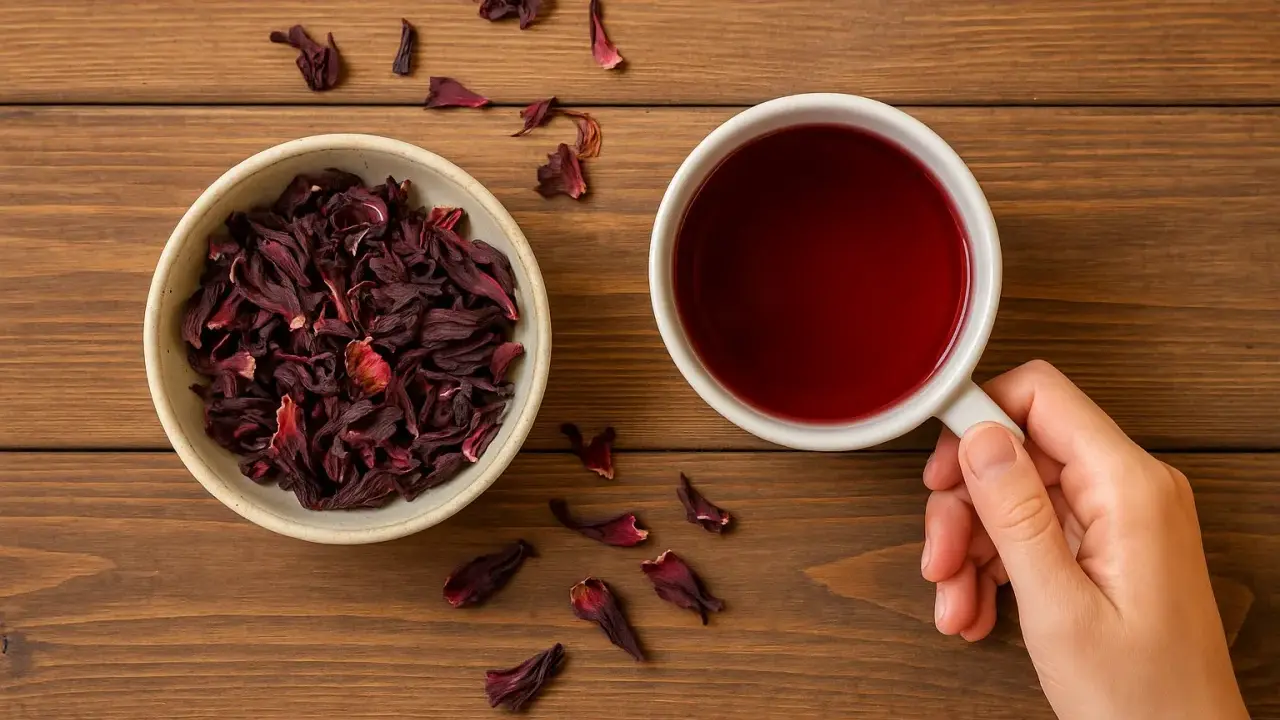 Miseczka suszonego hibiskusa i kubek czerwonego naparu. To jakby hibiskus w ciąży, gotowy do rozkwitu w aromatycznym napoju.
