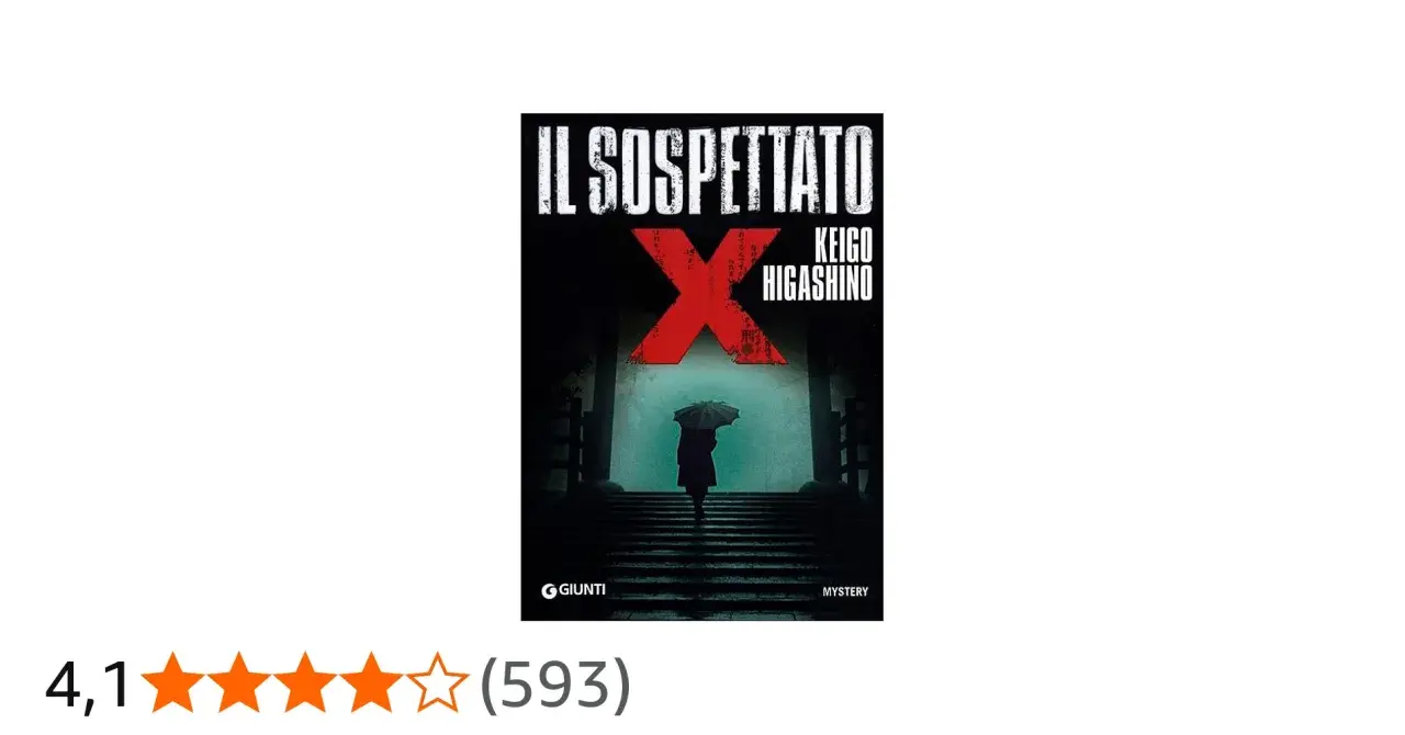 Copertina del libro "Il sospettato X" di Keigo Higashino. Una figura con ombrello sale una scalinata buia.