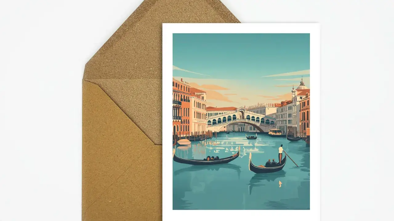 Carte postale de Venise, avec le pont du Rialto et des gondoles. Un poème sur Venise pourrait être écrit sur cette carte.