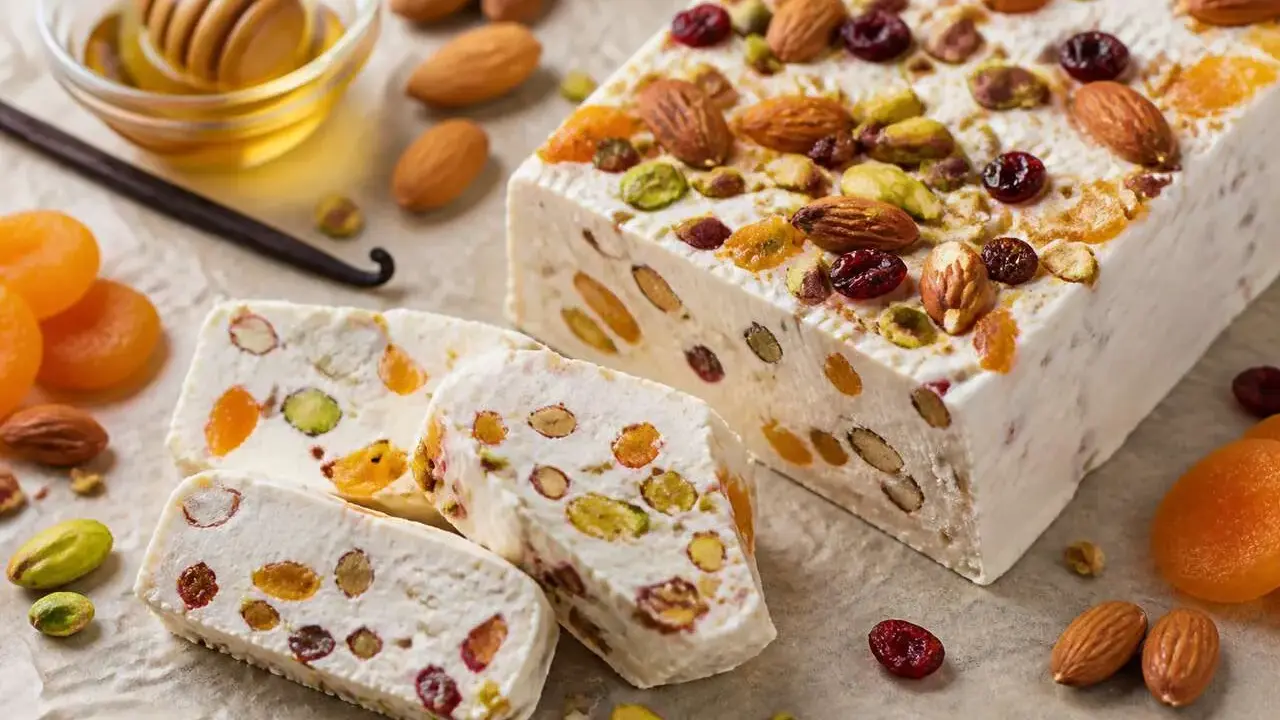 Un délicieux nougat glacé, garni d'amandes, de pistaches, de fruits secs et de miel.
