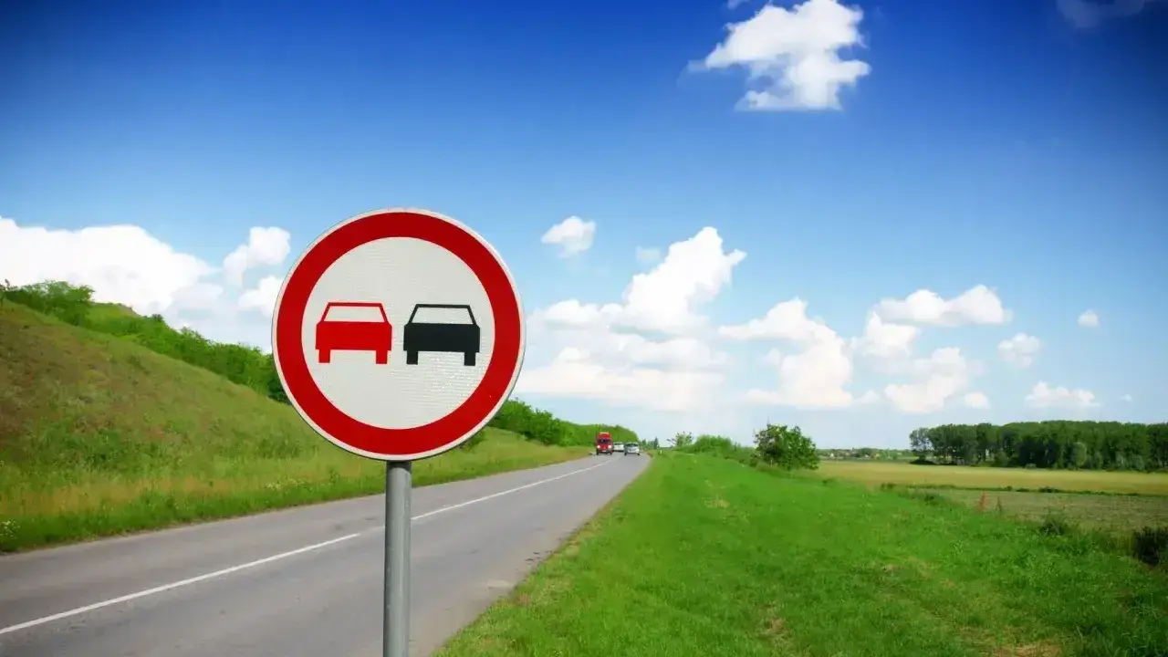 Znak zakaz wyprzedzania dla ciężarówek na tle błękitnego nieba i zielonych pól.