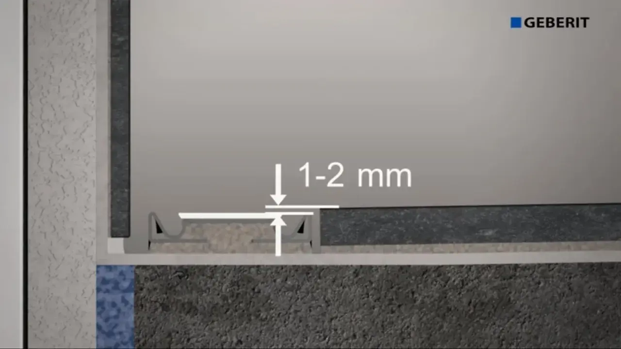 Schemat montażu odpływu liniowego Geberit. Kluczowe jest zachowanie spadku 1-2 mm.