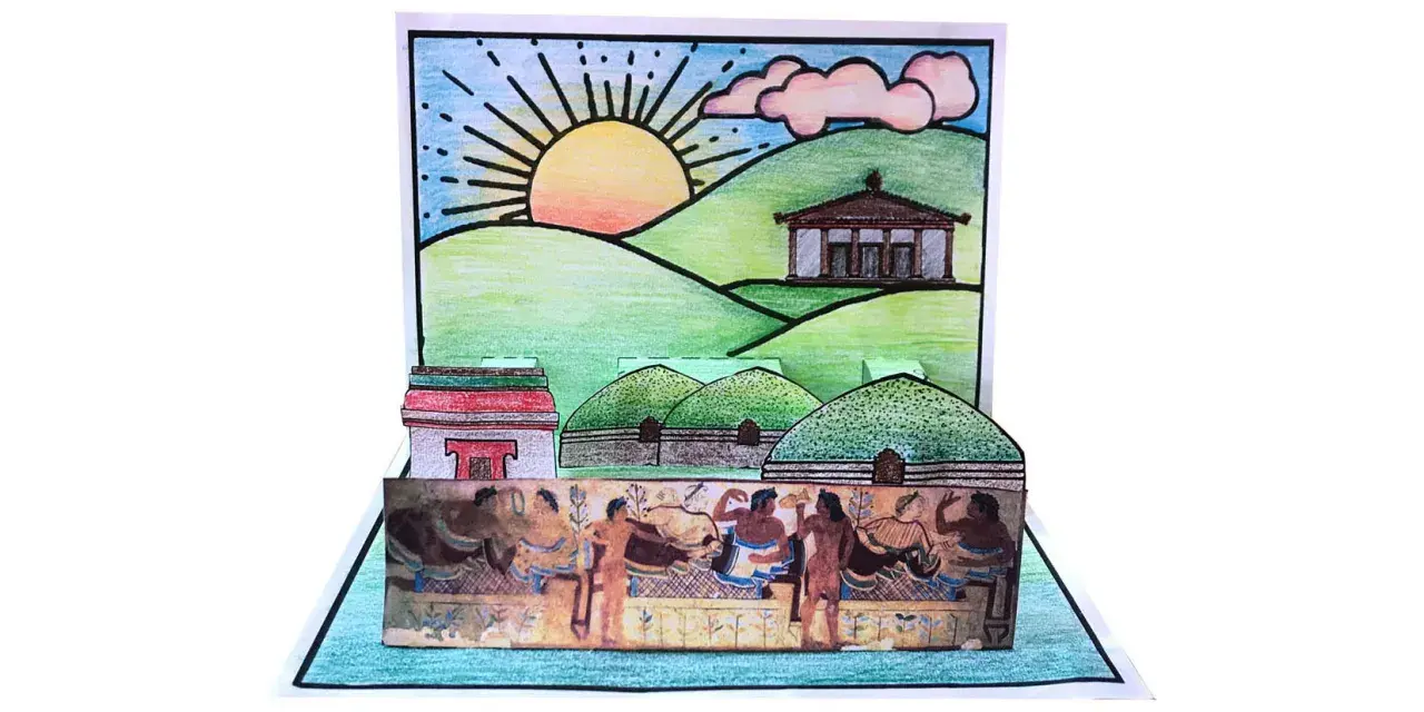 Un diorama pop-up che illustra scene di vita etrusca, con tombe a tumulo, templi e figure umane, perfetto per lavoretti sugli etruschi.