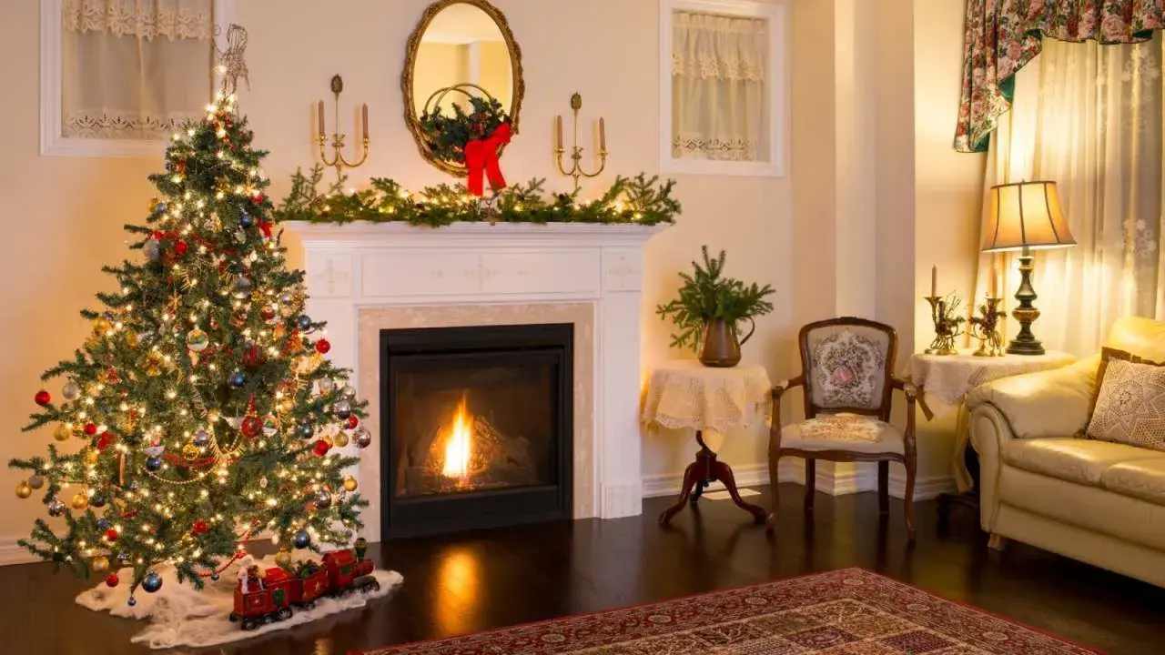 Ideas para decorar una chimenea navideña: árbol iluminado, guirnaldas verdes, un tren de juguete y un fuego acogedor.