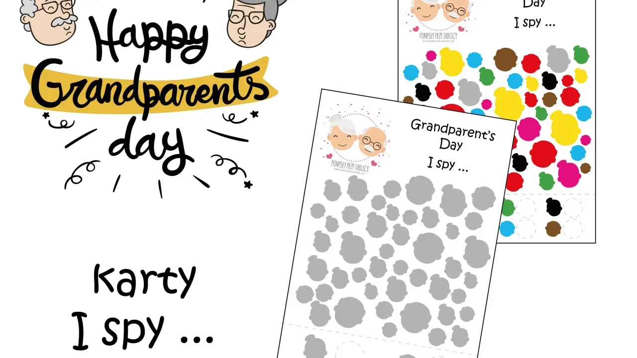 Happy Grandparents Day" hasła i karty "I spy" z podobiznami babci i dziadka. Idealne na dzień babci po angielsku.