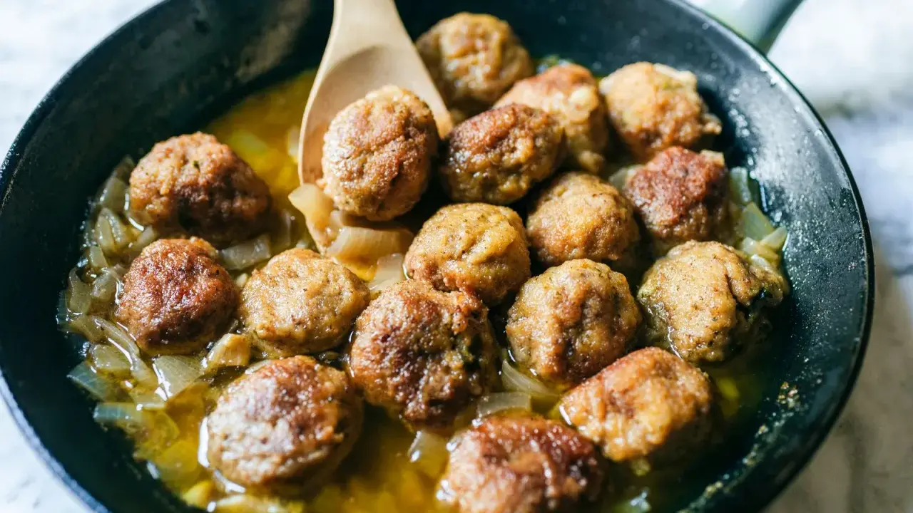 Polpette in bianco cremose in padella, dorate e succulente, adagiate su un letto di cipolle caramellate.