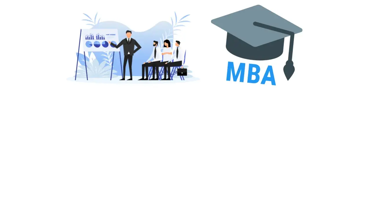 Prezentacja biznesowa z wykresami i ludźmi, obok czapka absolwenta z napisem MBA. Sprawdź wymagania MBA.