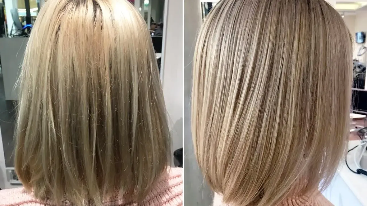 Vorher-Nachher-Vergleich einer Frisur: Wenig Haare Frau wirkt voller und glänzender nach dem Schnitt.