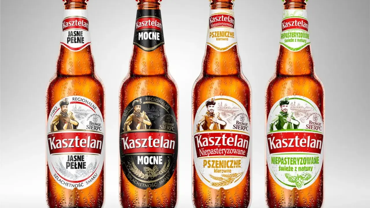 Cztery butelki piwa Kasztelan: Jasne Pełne, Mocne, Pszeniczne Niepasteryzowane i Niepasteryzowane świeże z natury.