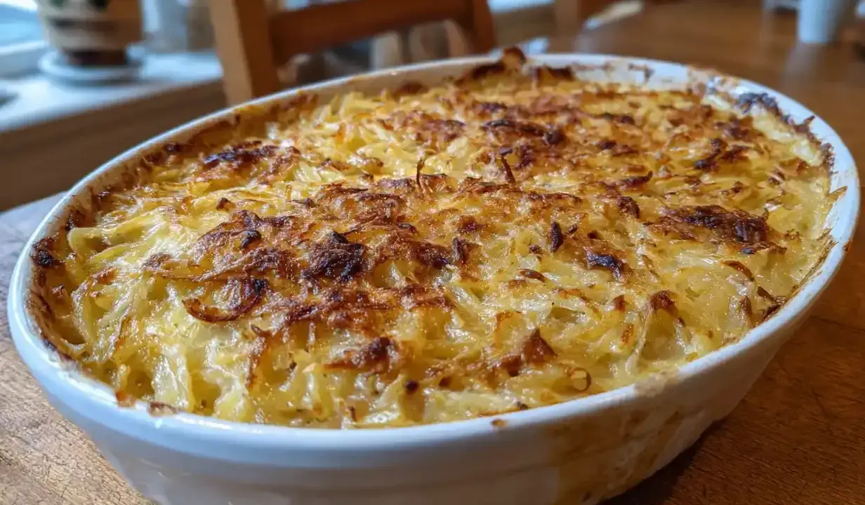 En gyllene Janssons frestelse i en vit ugnsform, perfekt gratinerad. Potatisen är skuren tunt och blandad med grädde och ansjovis.
