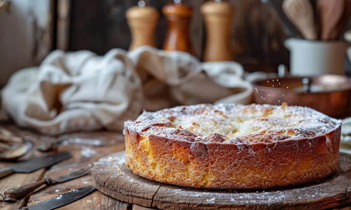 Un délicieux gâteau sablé breton, saupoudré de sucre glace, repose sur une planche en bois. Des couverts anciens et des moulins à poivre sont disposés autour.