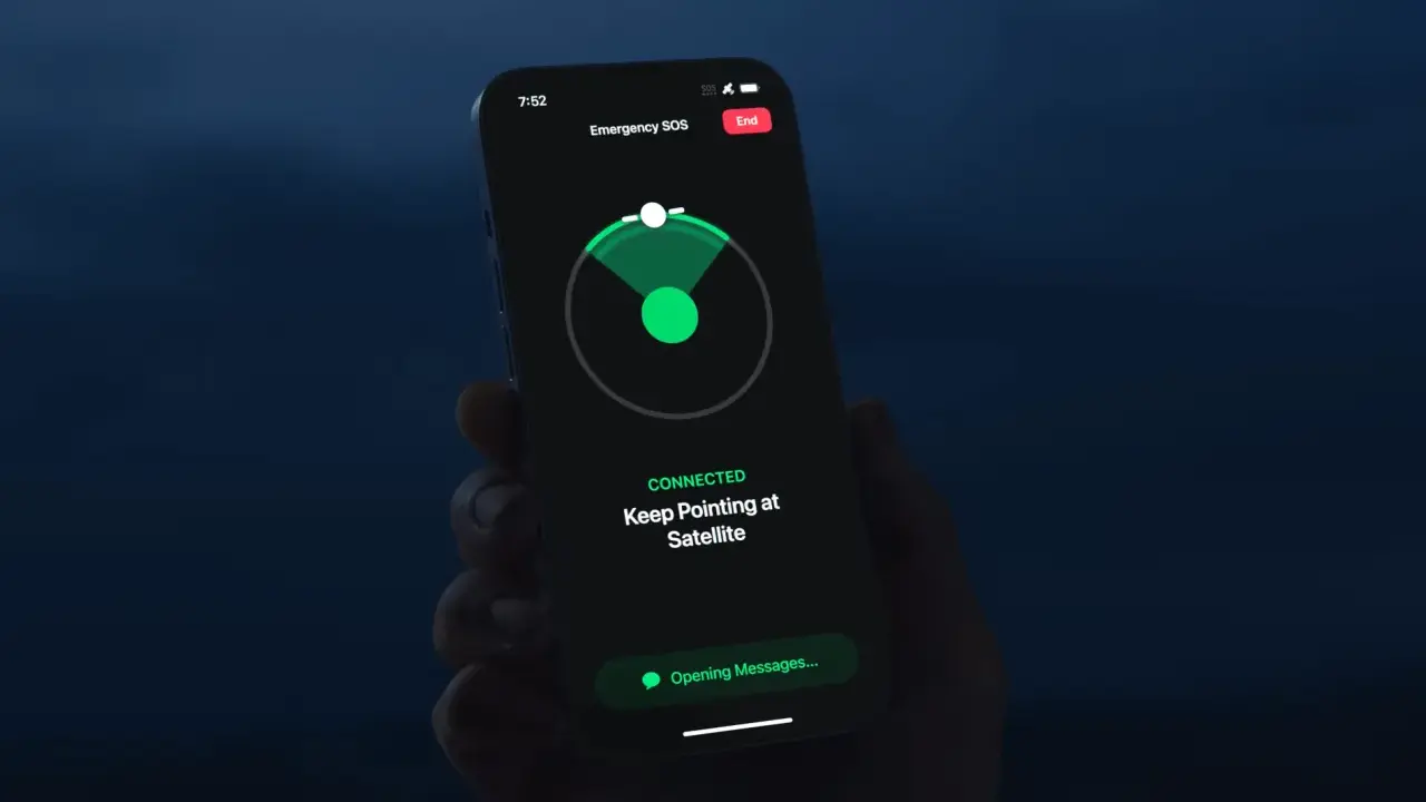 iPhone w trybie alarmowe sos, połączony z satelitą, gotowy do wysłania wiadomości.