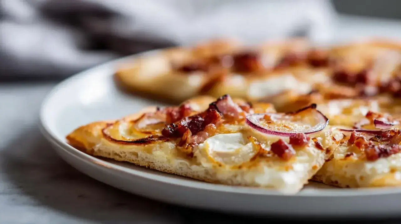 Tranches de flammekueche recette originale sur une assiette blanche, garnie de lardons, oignons rouges et fromage crémeux.