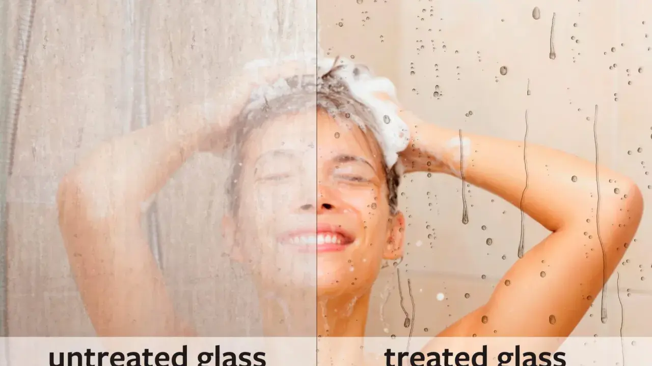 Mampara de ducha con vidrio tratado vs. sin tratar. El lado tratado muestra gotas de agua deslizándose, facilitando su limpieza.