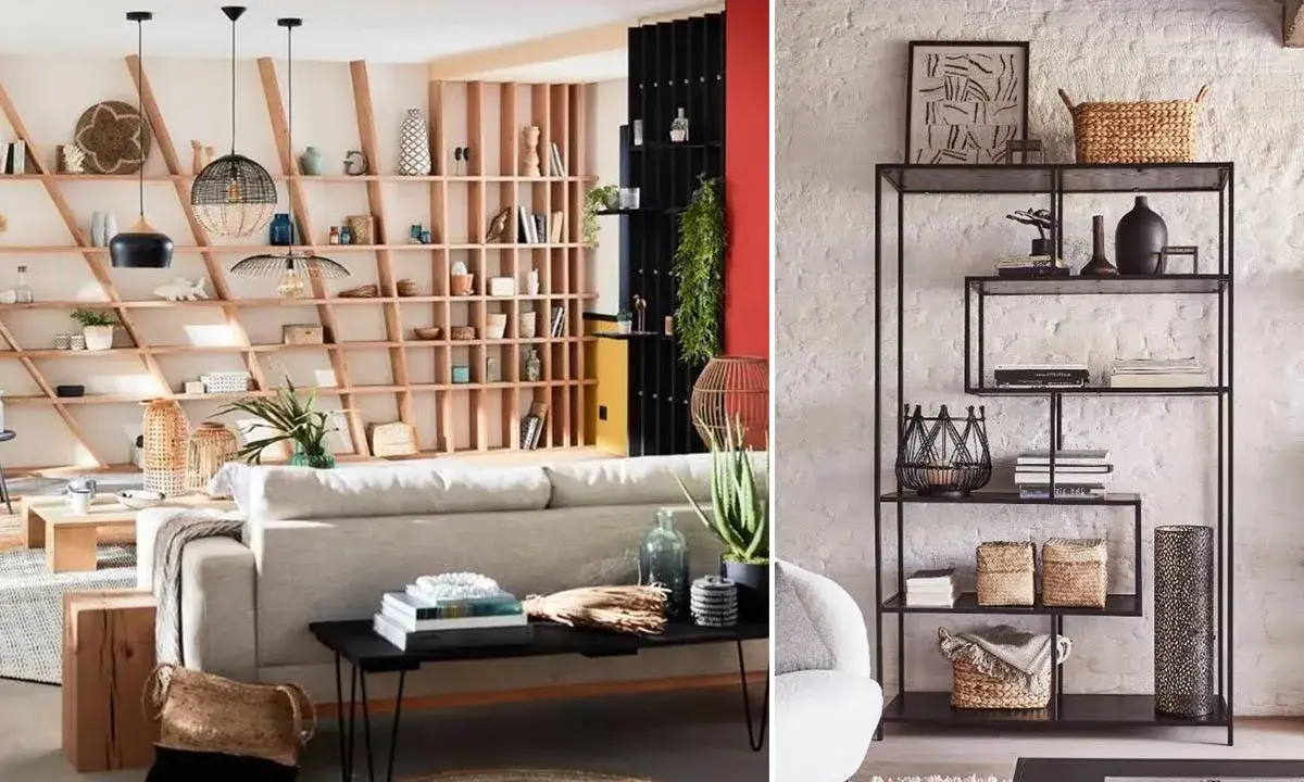 Un salon bibliothèque cosy avec des étagères en bois remplies de livres et d'objets décoratifs. Un canapé confortable invite à la détente.