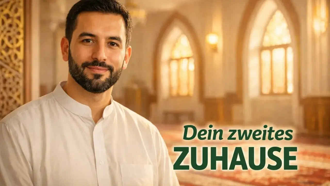 Ein Mann in traditioneller Kleidung lächelt vor einer Moschee. Der Text "Dein zweites Zuhause" und "Al Kabir" sind im Bild zu sehen.