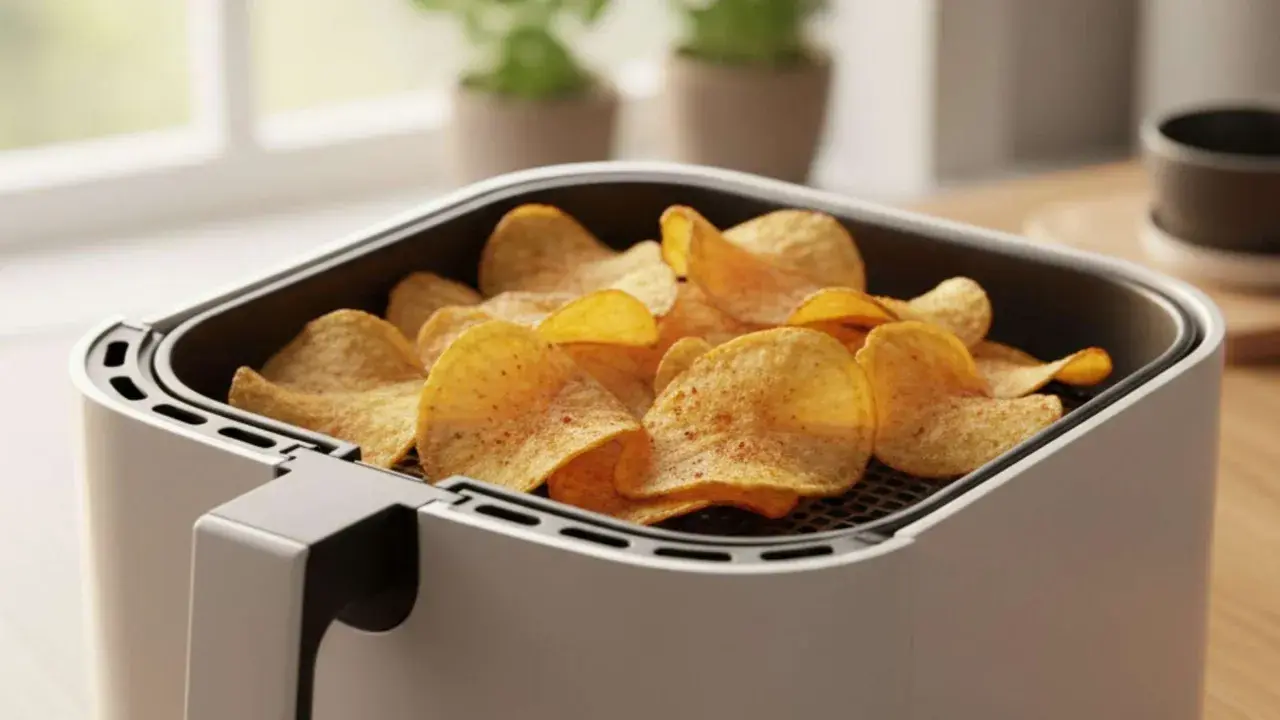Knusprige Kartoffelchips, frisch aus dem Airfryer, warten darauf, genossen zu werden.