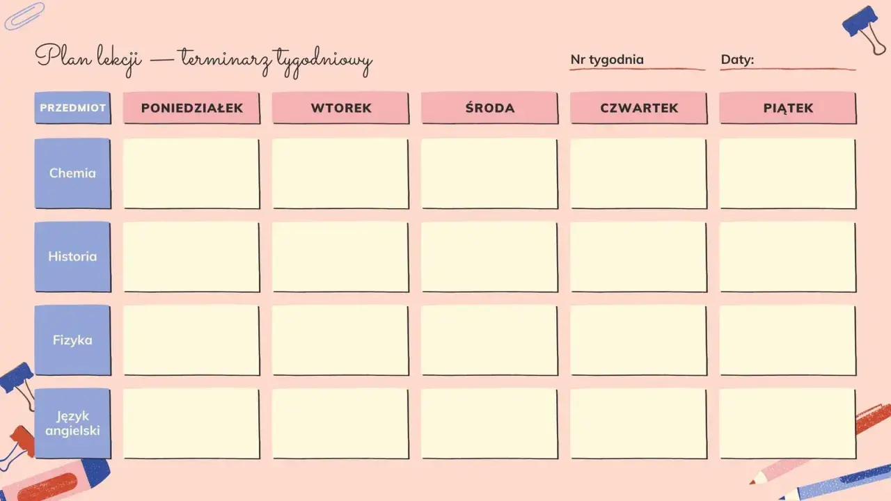 Plan lekcji to terminarz tygodniowy, który pomaga zorganizować naukę przedmiotów takich jak chemia, historia, fizyka i język angielski.