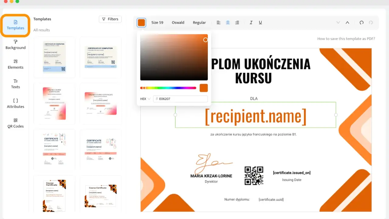 Jak zrobic dyplom? Wybierz szablon, edytuj tekst i kolory, aby stworzyć własny dyplom ukończenia kursu.