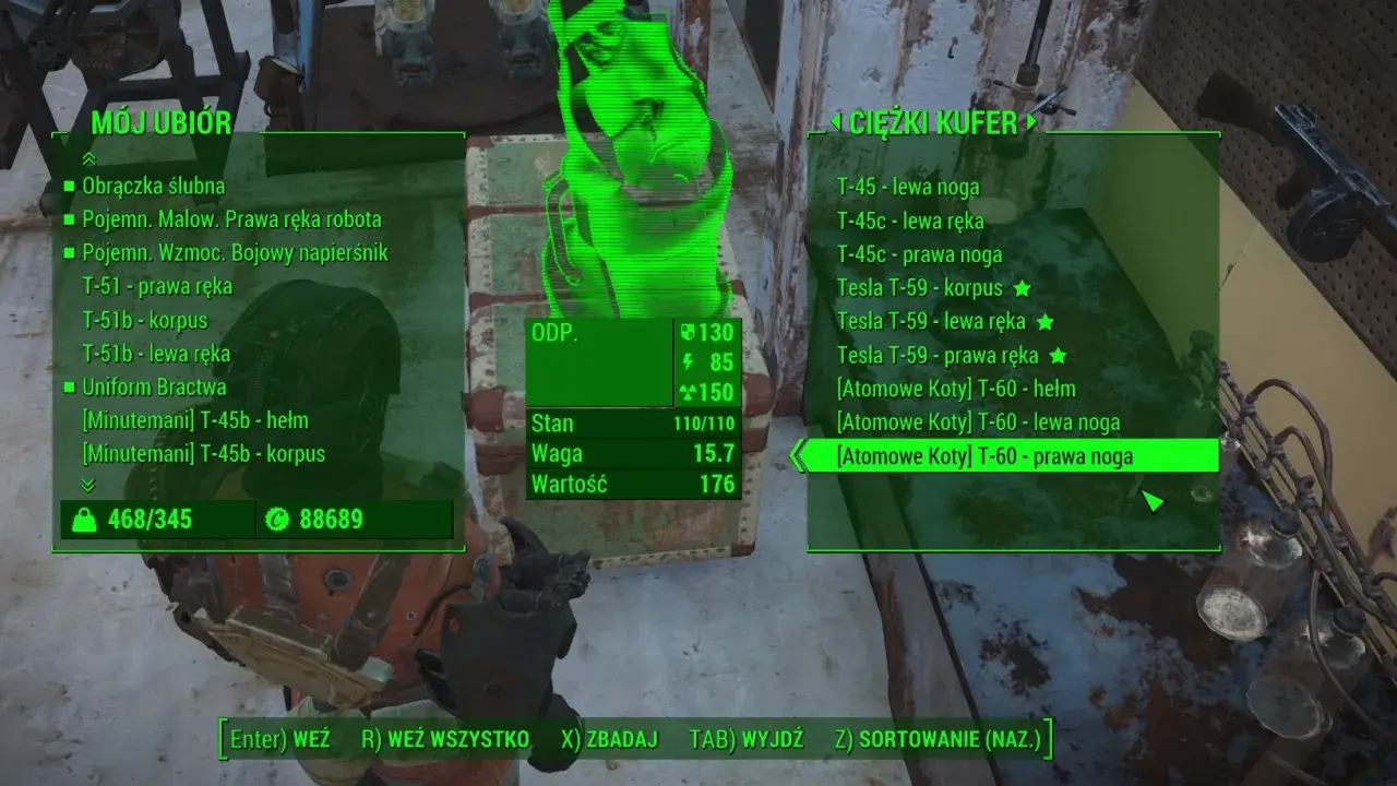 Fallout 4 poradnik: ekwipunek gracza z pancerzem i kufrem pełnym części do Power Armor.