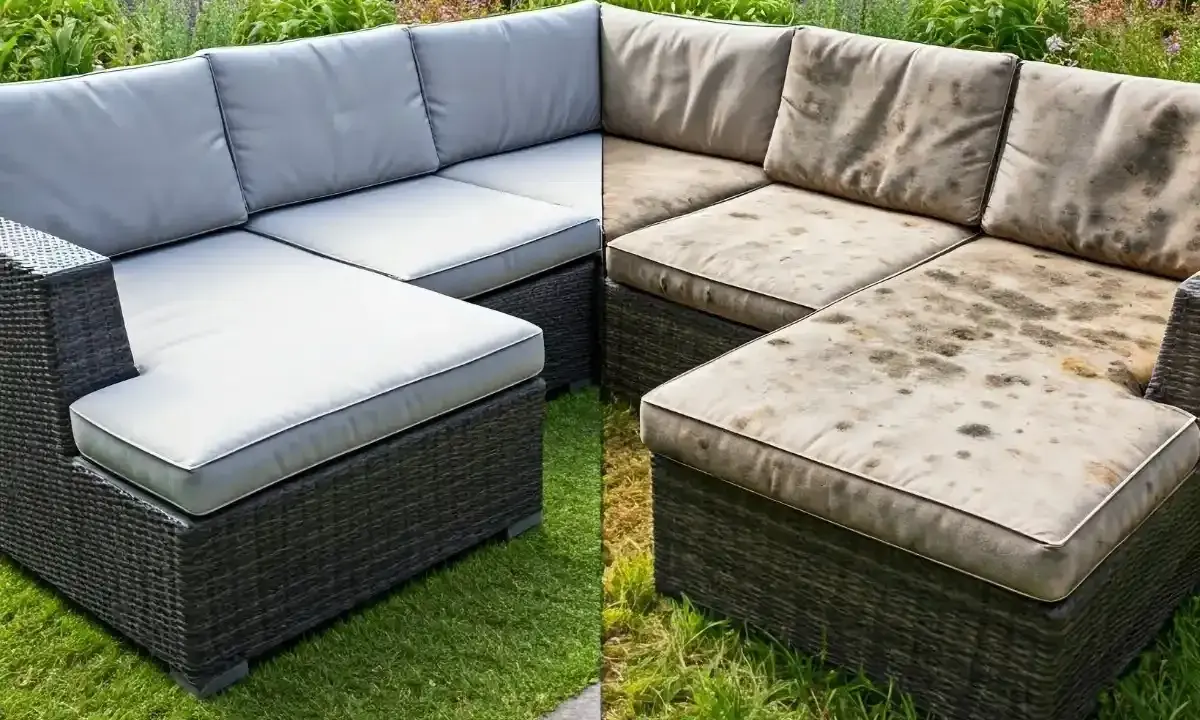 Vorher/Nachher-Vergleich: Ein Gartensofa mit makellosen, hellgrauen Polstern steht neben demselben Sofa mit stark verschmutzten, fleckigen Polstern. Die Reinigung von Gartenpolstern ist entscheidend.