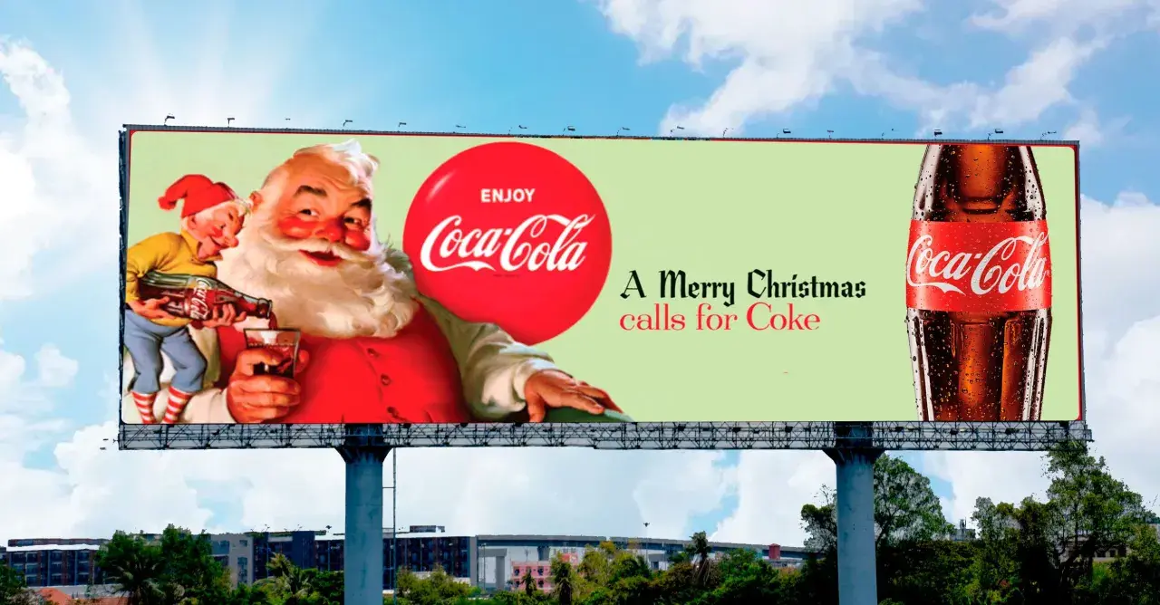 Papá Noel y un duende sirviendo Coca-Cola en un cartel publicitario. Partes de un cartel publicitario con el lema "A Merry Christmas calls for Coke".