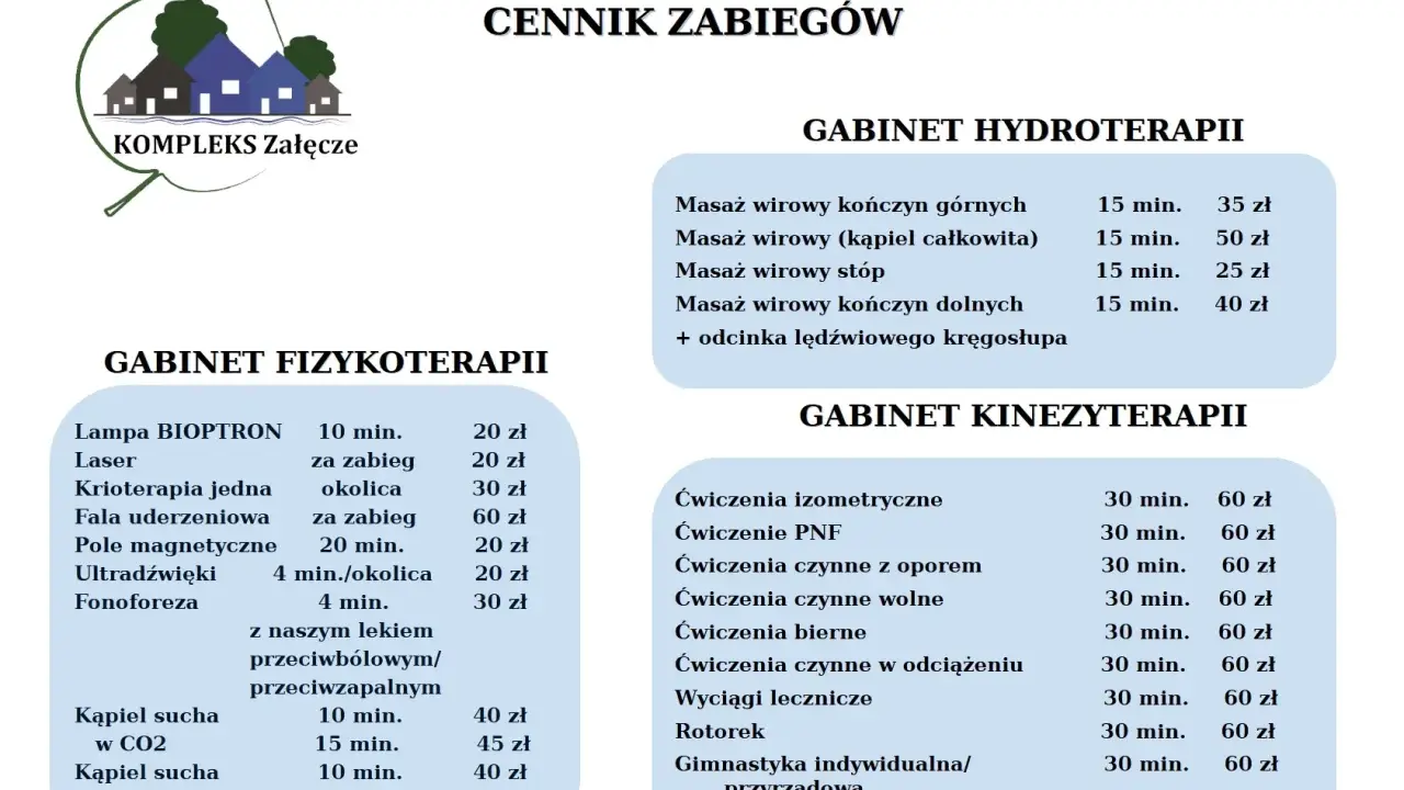 Cennik zabiegów w Kompleksie Załęcze. Ceny zaczynają się od 20 zł. Dowiedz się, ile kosztuje dom seniora i jakie usługi są dostępne.