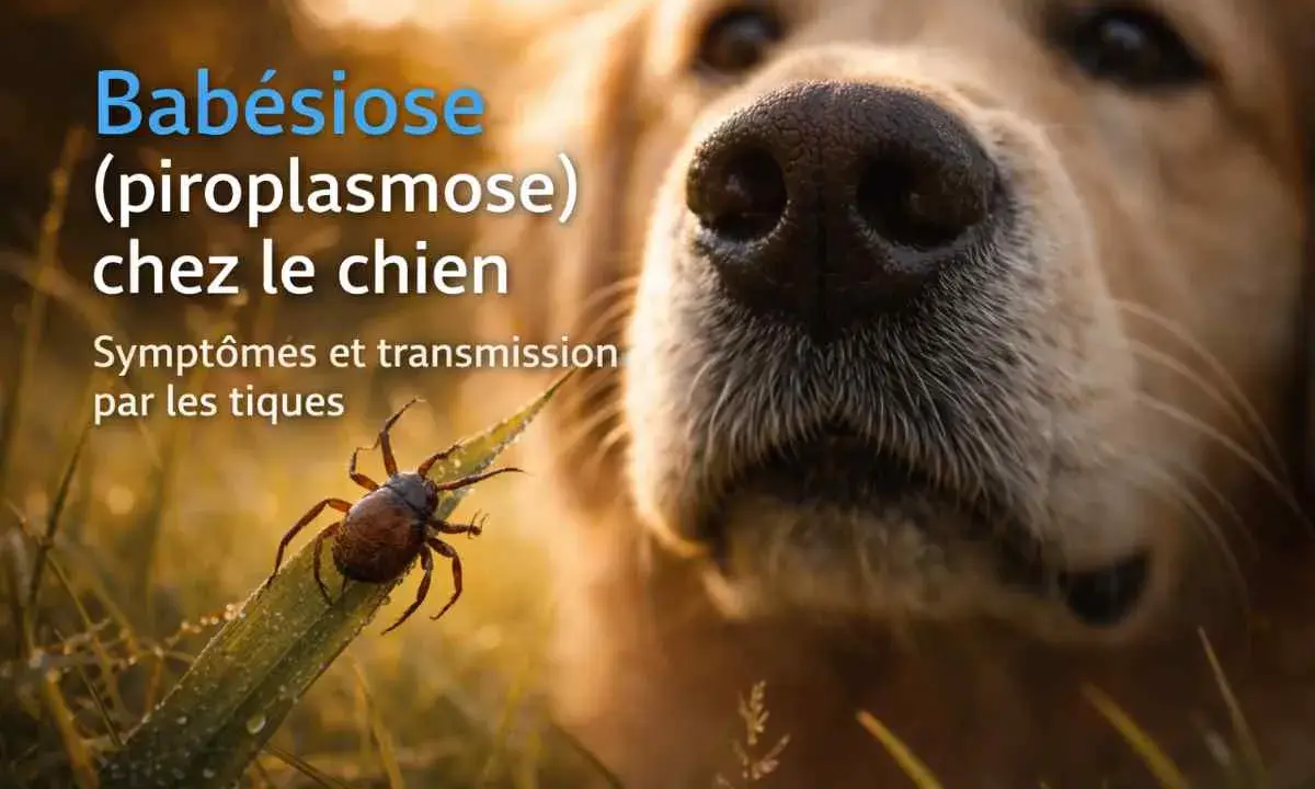 Gros plan sur le museau d'un chien, avec une tique sur une feuille. Le texte indique "Babésiose (piroplasmose) chez le chien : symptômes et transmission par les tiques".