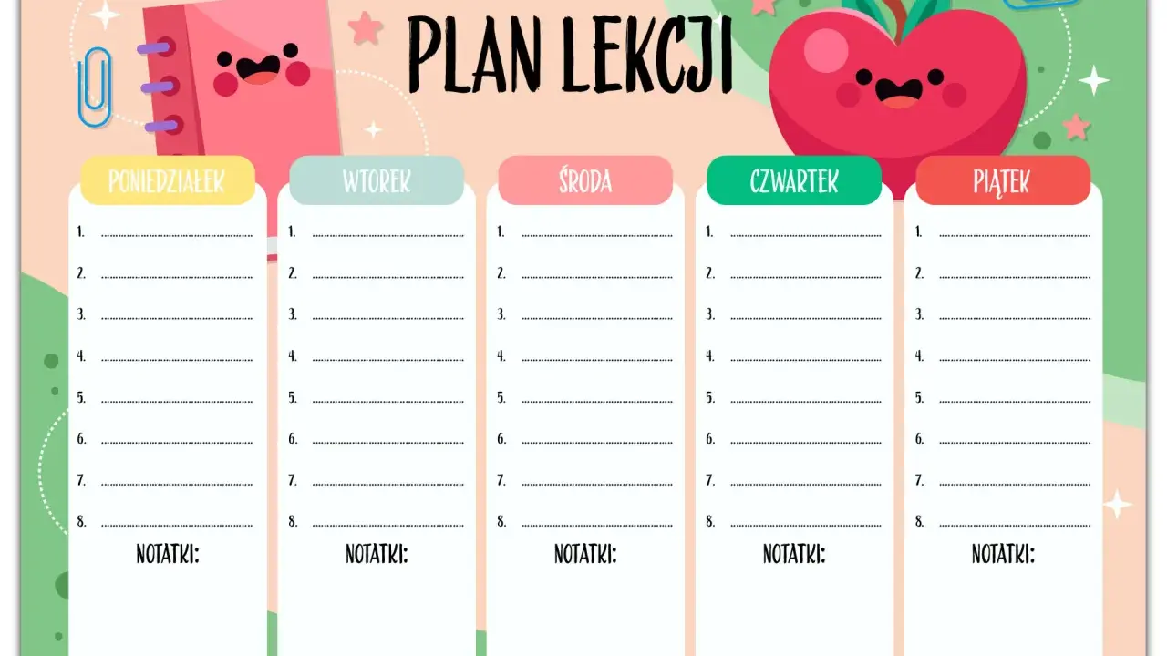 Uroczy konspekt lekcji z zabawnymi ikonami. Plan tygodnia od poniedziałku do piątku, z miejscem na 8 lekcji i notatki.