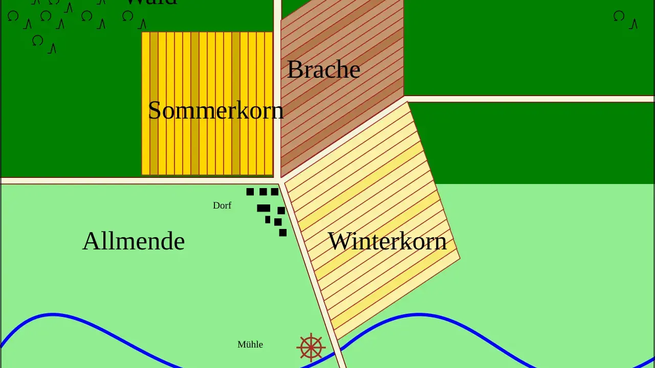 Schema der mittelalterlichen Dreifelderwirtschaft: Wald, Sommerkorn, Brache, Winterkorn, Allmende, Dorf, Mühle und Weide.