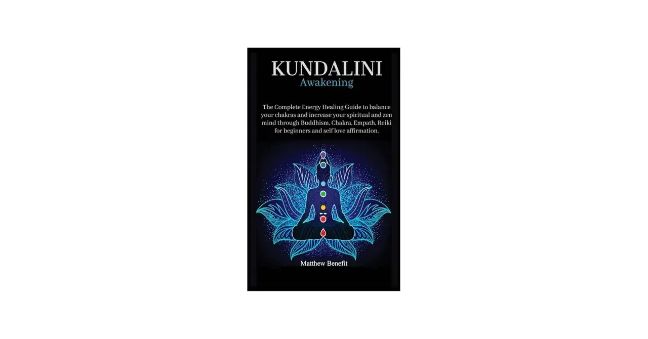 Boken "Kundalini Awakening" visar en person i meditationsställning med färgade chakran. En guide till energibalans och zen.
