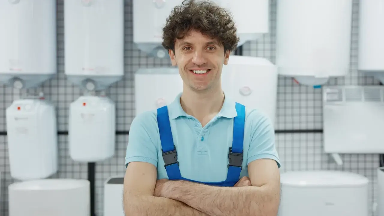Un homme souriant en salopette bleue, entouré de chauffe-eau blancs, prêt à vous aider à choisir son chauffe eau.