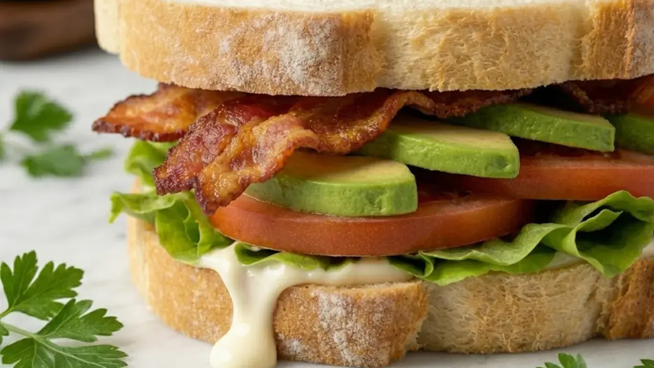 Ein BLT-Sandwich mit knusprigem Speck, saftigen Tomaten, cremigem Avocado und knackigem Salat auf getoastetem Brot.