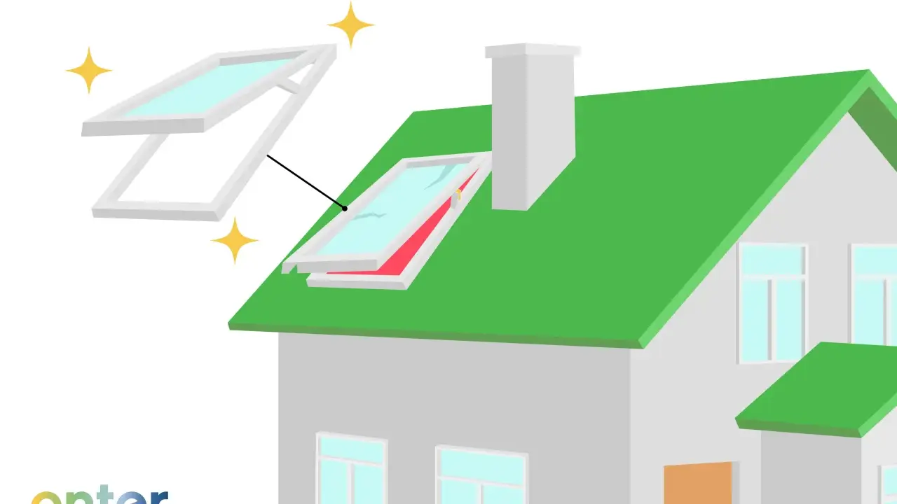 Ein Haus mit grünem Dach, ein Schornstein und ein Dachfenster werden gezeigt. Ein neues Dachfenster wird über einem alten dargestellt. Informationen zu velux dachfenster austauschen kosten sind hier relevant.