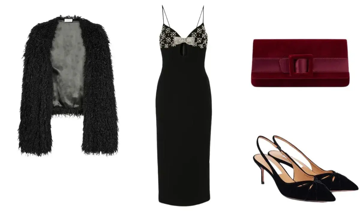 Tubino nero con dettagli gioiello, pochette bordeaux e scarpe basse eleganti. Un outfit perfetto per una serata speciale.