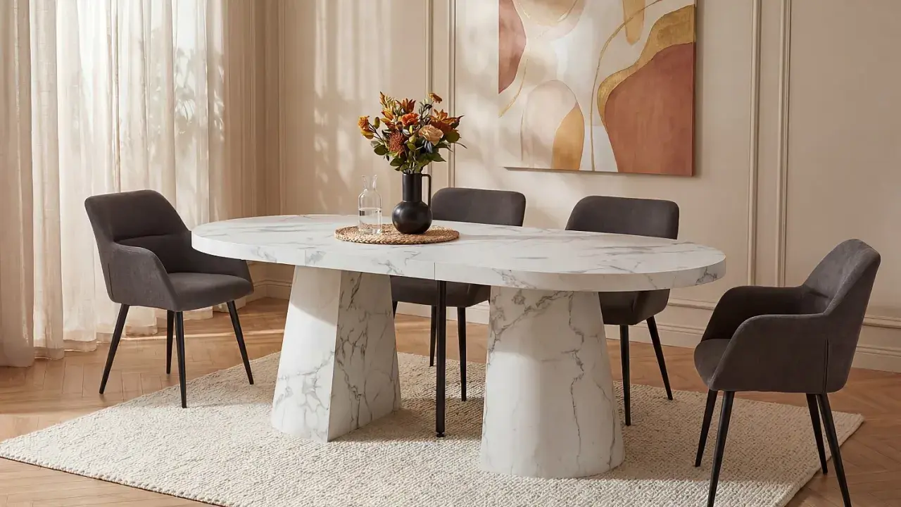 Ett elegant, marmorerat, långt matbord för 12 personer med mörka stolar och en vacker vas med blommor.