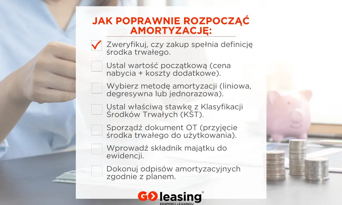 Jak rozpocząć amortyzację? Sprawdź definicję środka trwałego, ustal jego wartość początkową (od jakiej kwoty liczymy), wybierz metodę i stawkę amortyzacji.
