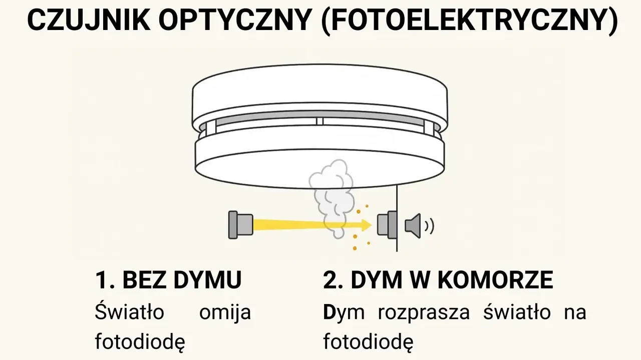 Ilustracja pokazuje, jak działa czujnik dymu. Bez dymu światło omija fotodiodę. Gdy pojawi się dym, rozprasza światło, aktywując alarm.
